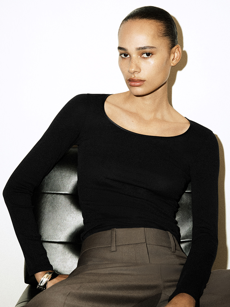 サテントリム　コットンジャージー　ロングスリーブトップス